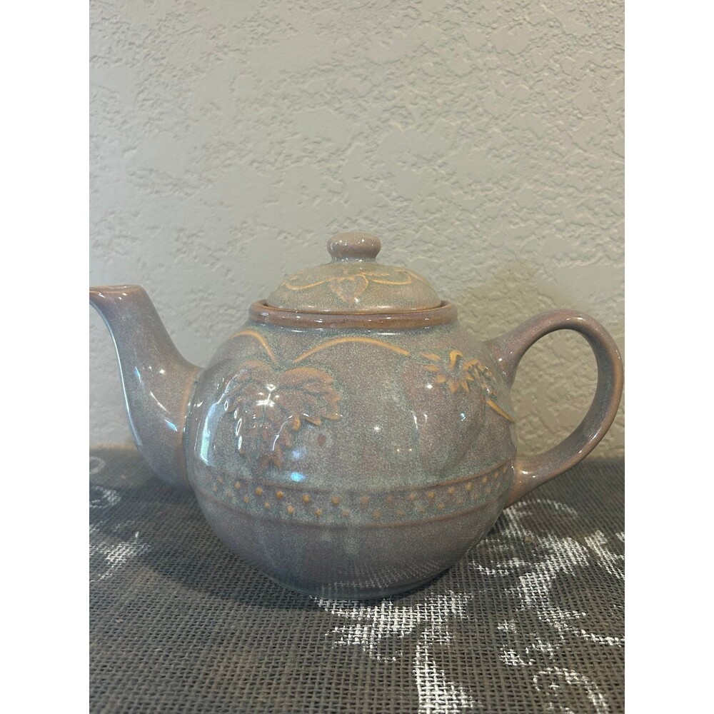 Stoneware Tea Pot Raised Design Fruit New Brown
